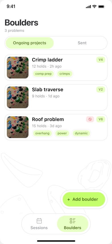 Boulders list in Grippy with grades and tags