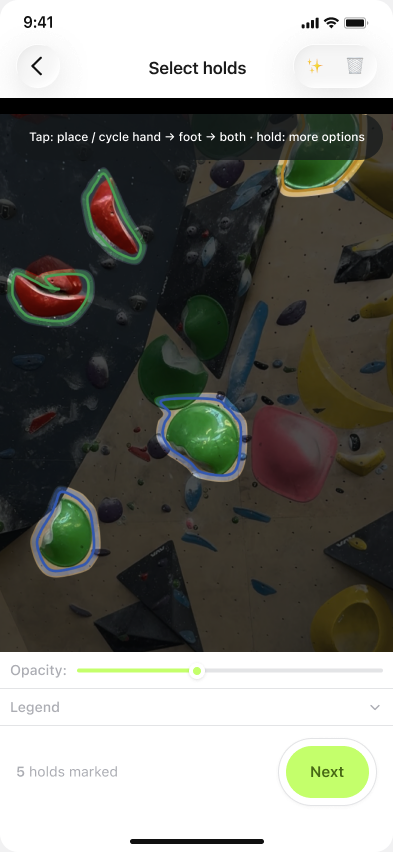 AI hold detection outlining holds on a second wall photo