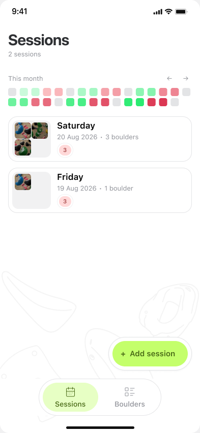 Sessions list in Grippy with a monthly streak calendar